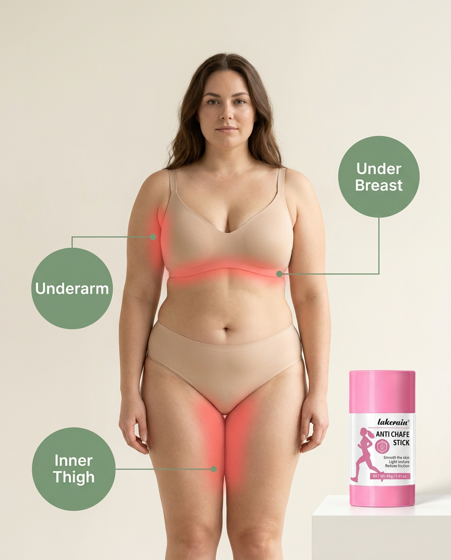 Aubellé Anti-Chafe Stick — body map showing the three key chafing zones the stick treats: under-breast, underarm, and inner thigh