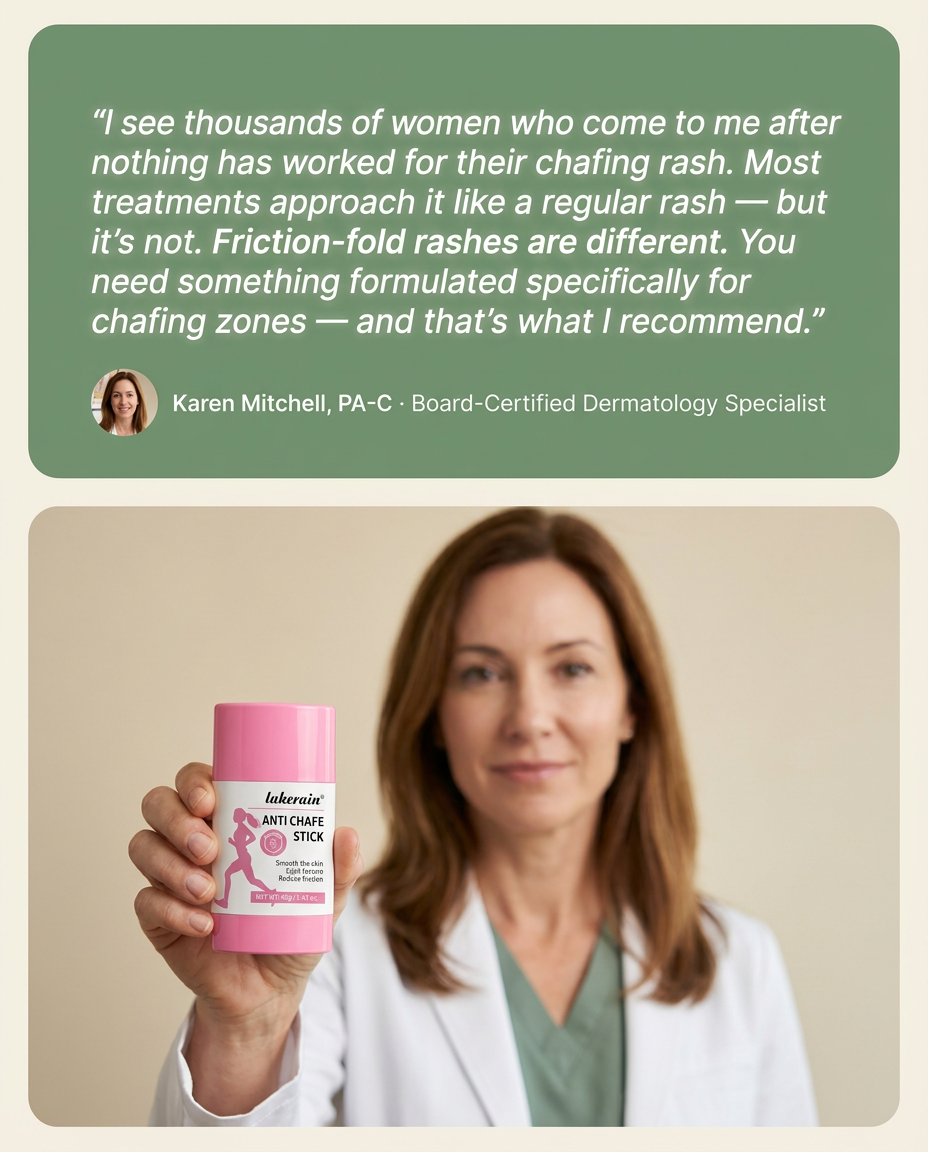 Aubellé Anti-Chafe Stick — Karen Mitchell PA-C, Board-Certified Dermatology Specialist, testimonial card