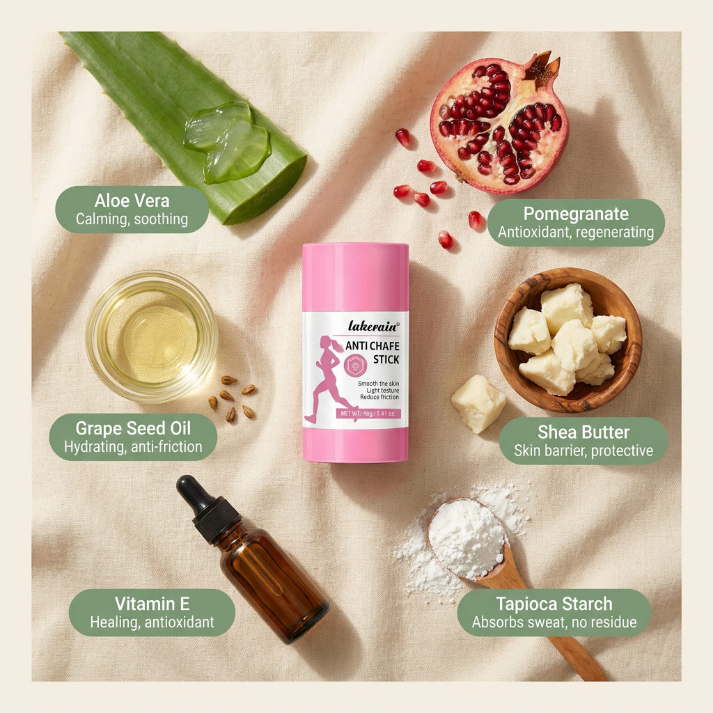 Aubellé Anti-Chafe Stick — six natural active ingredients flat-lay: aloe vera, pomegranate, grape seed oil, shea butter, vitamin E, tapioca starch