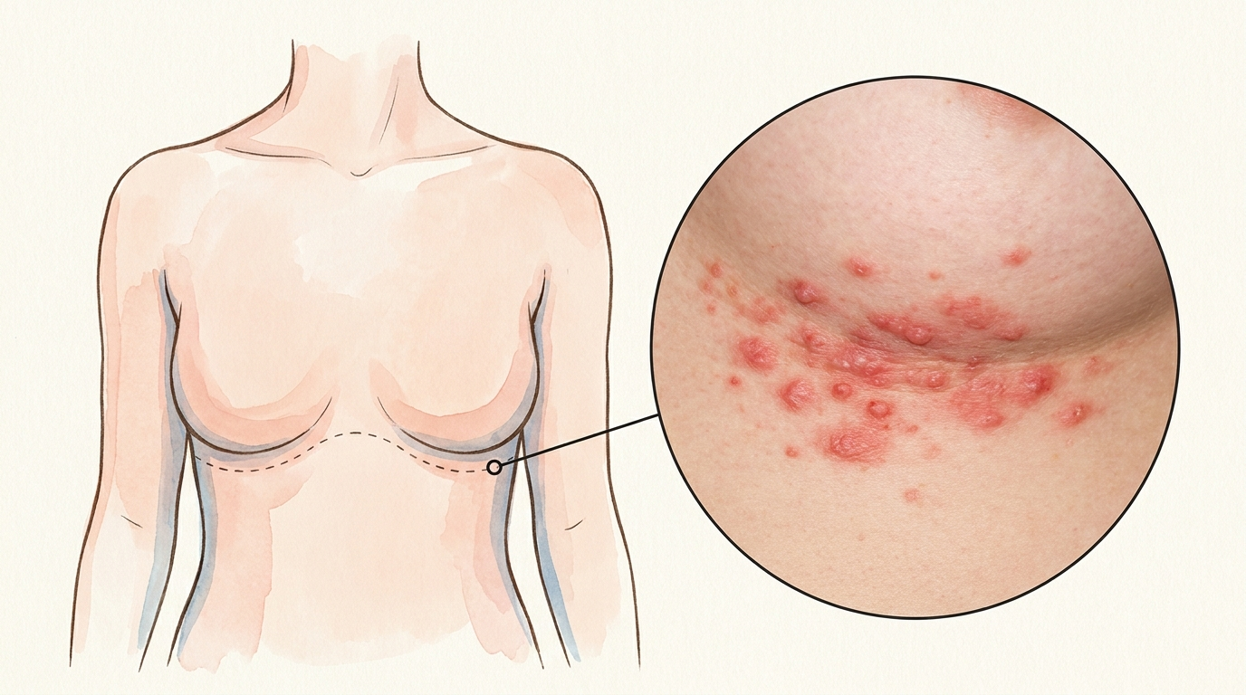 Anatomical illustration showing under-breast rash location with magnified detail