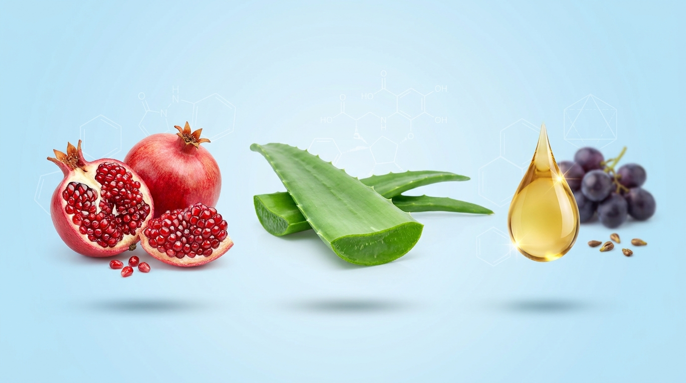 Aloe vera, pomegranate, and grape seed oil — the three active ingredients