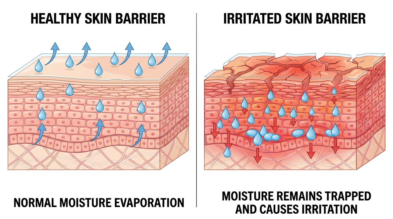 Diagram comparing healthy skin barrier vs irritated skin barrier